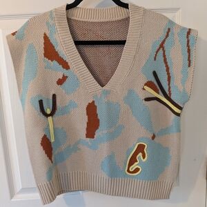 Beige Knit V-Neck Patterned Sleeveless Sweater Top